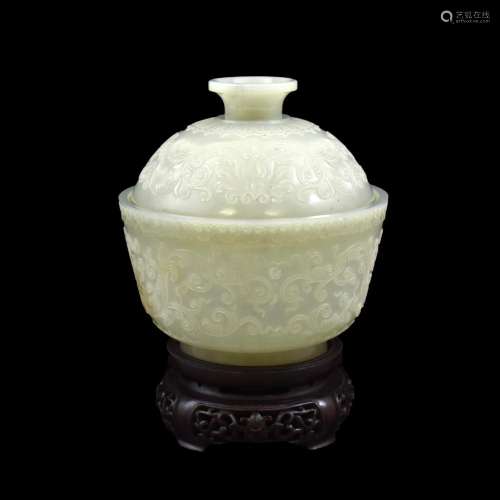 ROCOCO FLORAL RELIEFS JADE LIDDED BOWL ON STAND
