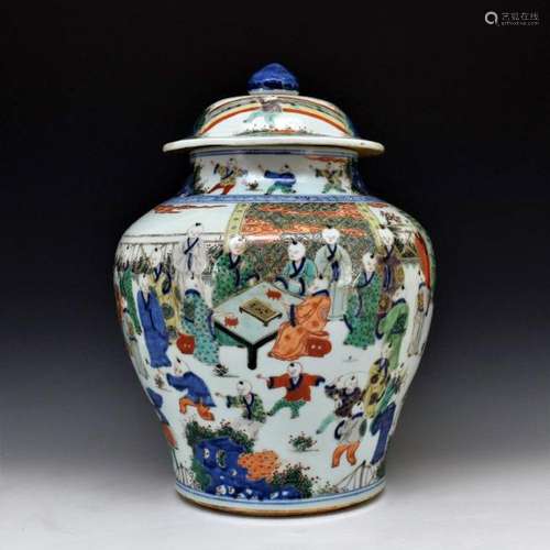 QING WUCAI GENERAL HELMET TEMPLE JAR & COVER