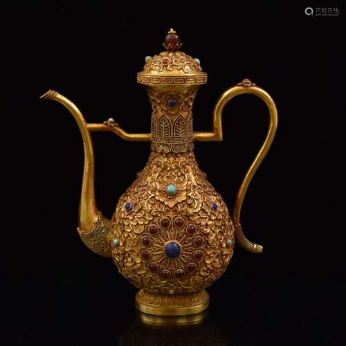 SOLID GOLD & STONE INLAID WINE JUG