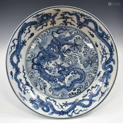 MING XUANDE BLUE & WHITE DRAGON PLATE