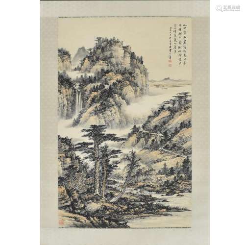 SCROLL PAINTING OF MISTY MOUNTAINOUS LANDSCAPE