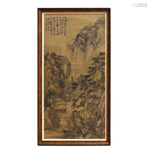FRAMED CHINESE PAINTING OF WATERSIDE LANDSCAPE