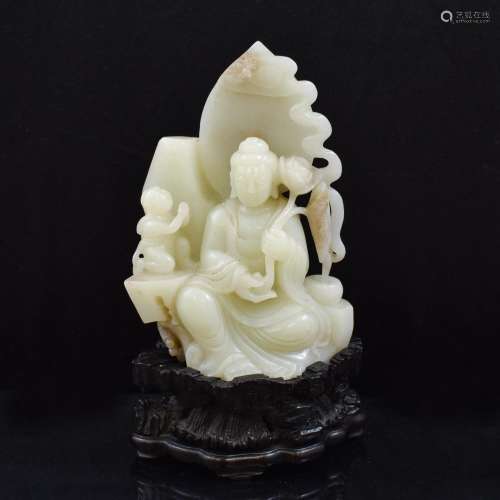 JADE GUANYIN & ATTENDANT ON STAND