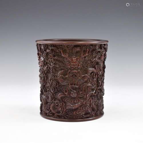 ZITAN CARVED DRAGON BRUSH POT