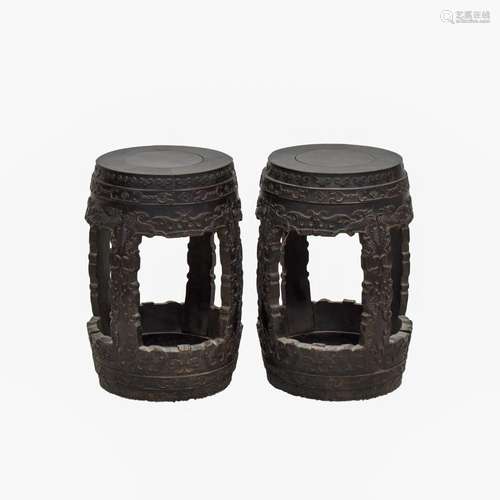 PAIR OF CHINESE ZITAN BARREL SHAPED STOOLS