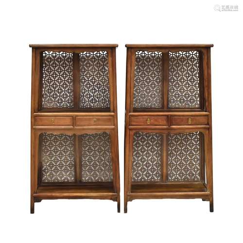 PAIR HUANGHUALI OPEN CARVED DOUBLE DRAWERS CABINETS