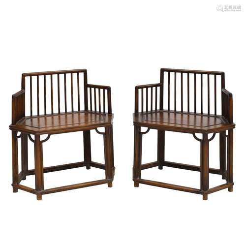 PAIR OF HUANGHUALI HEXAGONAL ARM CHAIRS