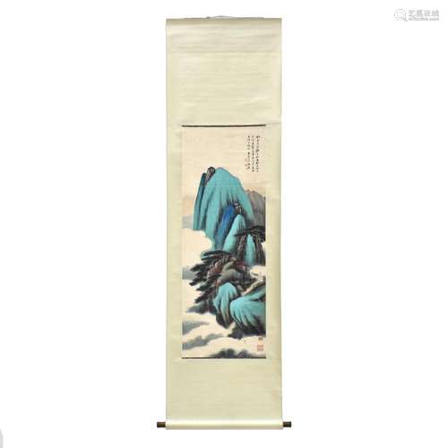 SCROLL PAINTING OF WATERSIDE MOUNTAINOUS LANDSCAPE