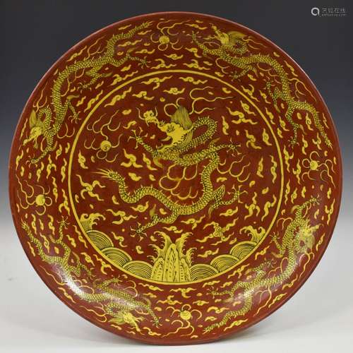 MING JIAJING RED & YELLOW DRAGON PLATE