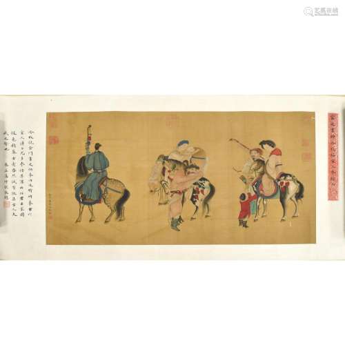 CHINESE PAINTING OF FIGURINES & HORSES