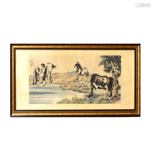 FRAMED CHINESE SCROLL PAINTING OF HORSES