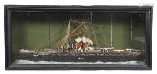 A folk art naive painted wood model of a steam ship, titled S. S. Carlton, with rigging, cotton wool