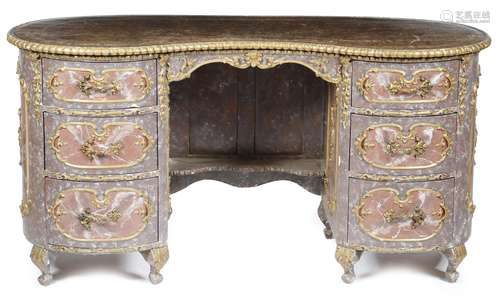 A painted kidney shape kneehole desk, with simulated marble effect panels, with parcel gilt