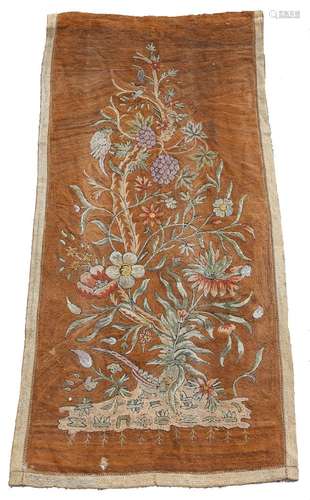 A set of four Kashmiri wool bed hangings in crewelwork style, each worked in chain stitch with