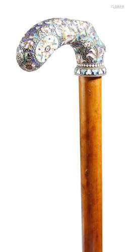 A Russian cloisonné enamel and silver mounted walking cane, the handle decorated with leaves and