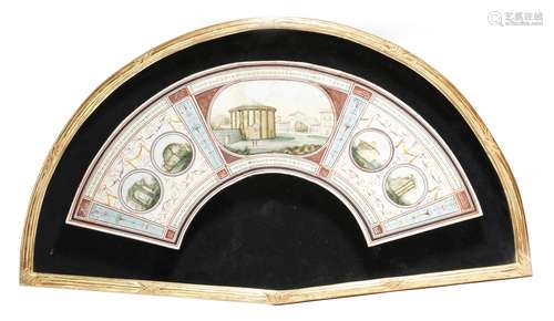 An Italian Grand Tour design for a fan, painted on chicken skin, with panels of ancient Roman