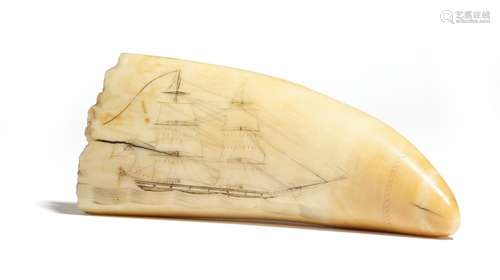 A 19th century sailor's scrimshaw whale's tooth, decorated to one side with a twin-masted sailing