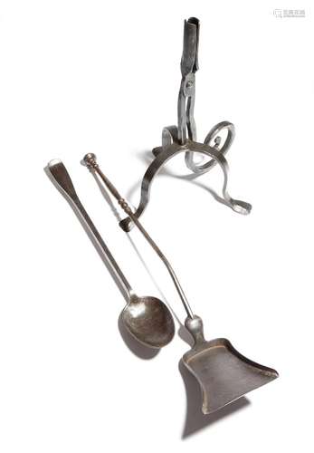 An early 19th century fire tool shovel, with a knopped stem, together with a steel basting spoon,