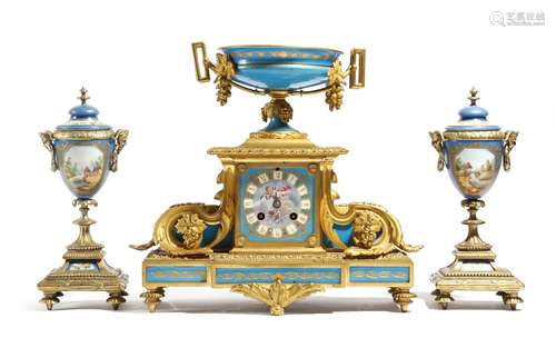 A late 19th century French ormolu and porcelain mounted mantel clock, the eight day brass movement