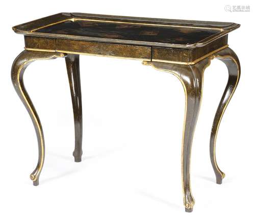 An Italian lacquered chinoiserie tray table, with a gilt speckled ground, the detachable top with