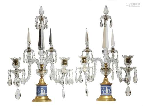 A pair of Victorian cut-glass and Wedgwood jasper twin-light candelabra in George III style, each