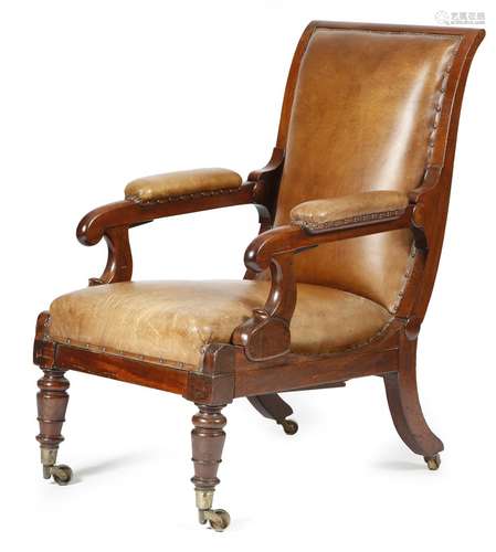 A George IV mahogany Daws patent reclining open armchair, with a leather upholstered padded back,