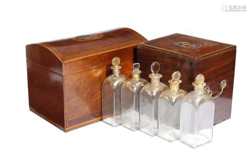 A George III mahogany decanter box, inlaid with marquetry conch shells, the interior with six