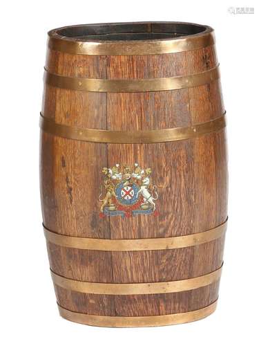 An oak and copper bound barrel stickstand, decorated with a transfer printed Royal Coat of Arms,