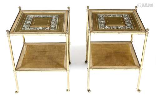 λ A pair of gilt brass occasional tables, probably by Mallett, each with an inset glass top with