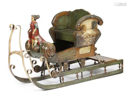 A carved and painted wood child's sleigh, with a young girl figurehead, flanked by a pair of dogs