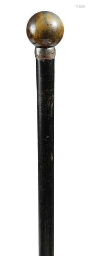 A late Victorian gilt metal and agate mounted walking cane, the top of the handle with initials 'M