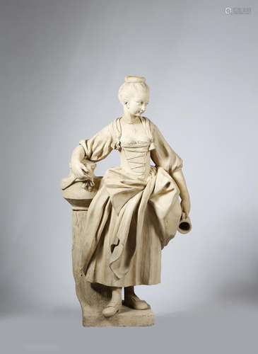 A large 19th century French terracotta figure of a tavern girl, leaning on a tree stump, with a