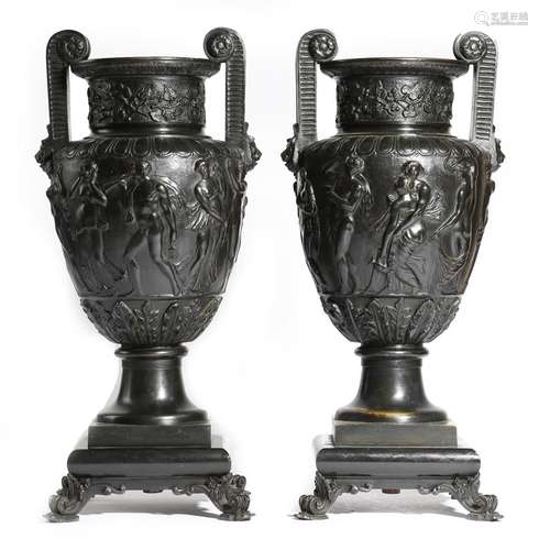 A pair of 19th century bronze Grand Tour classical urns, in the Greek style, of amphora shape,