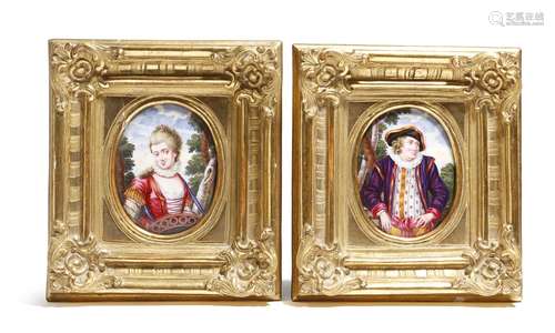 A pair of 19th century enamel oval plaques, depicting a lady and a gentleman, each in a woodland