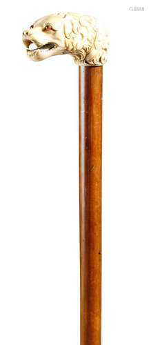 λ A Victorian walking cane, the ivory handle carved with a growling dog's head, with glass eyes,