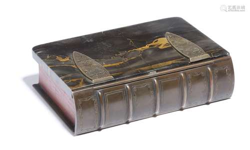 A 19th century French novelty brass and marble table cigarette box, in the form of a book, the