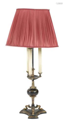 A Victorian japanned tôle and parcel gilt candelabra, converted to a table lamp, with three