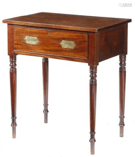 An early 19th century mahogany side table, with a frieze drawer fitted with campaign style sunken