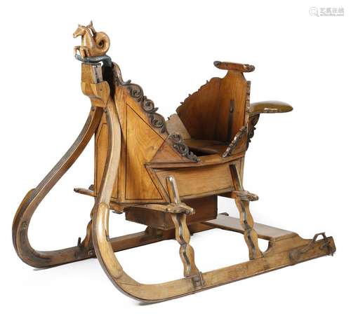 A 19th century East European elm troika or sleigh, with painted decoration, with a later leather