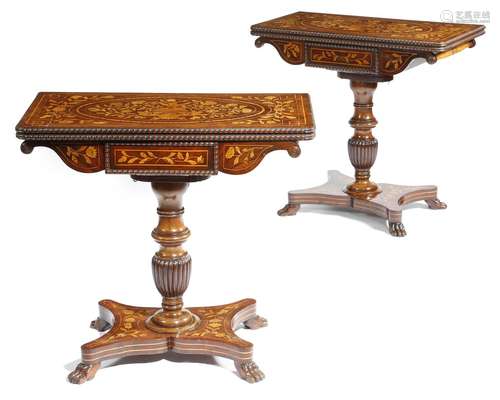 A pair of early 19th century Anglo-Dutch mahogany and marquetry card tables, inlaid with urns of