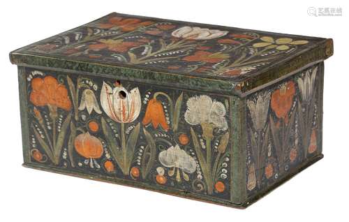 A Dutch folk art painted planewood boarded box, all over decorated with tulips and other flowers,