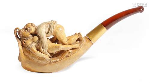 A 19th century Meerschaum erotic pipe, the bowl carved with a couple making love, with a gold collar