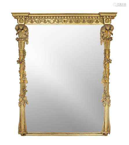 A large and impressive early 19th century giltwood overmantel mirror, the breakfront cornice with