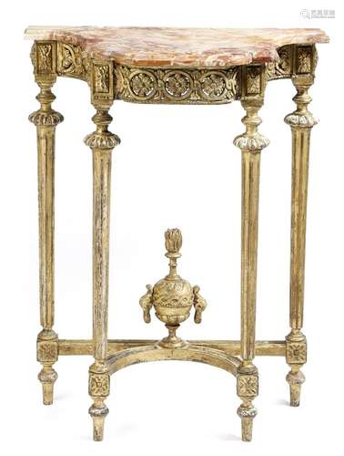 A French giltwood console table in Louis XVI style, the marble top with a moulded edge above a