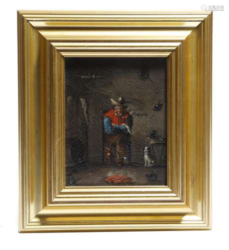 A 19th century naive oil on board painting, depicting a man seated smoking a clay pipe in a domestic