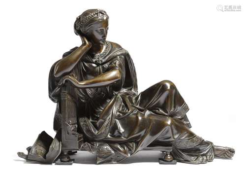 Albert Ernest Carrier-Belleuse (France 1824-1887). A bronze figure of Eutherpe, leaning on an organ,