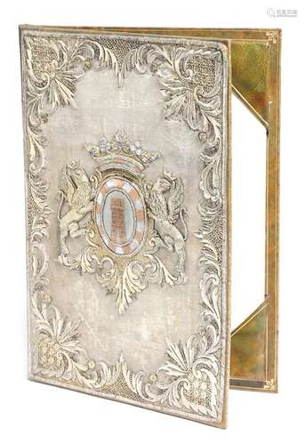 An Italian leather desk blotter, with gilt tooled and faux marble decoration, the cover