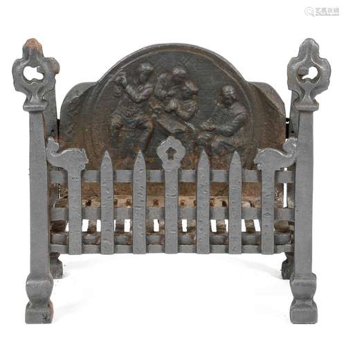 A Victorian cast iron fire-grate, the back decorated with figures in a tavern, with a Gothic style