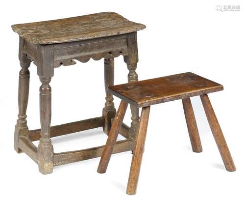 A 17th century oak joint stool, with panelled bicuspid rails, 54.3cm high, 46.7cm wide, together