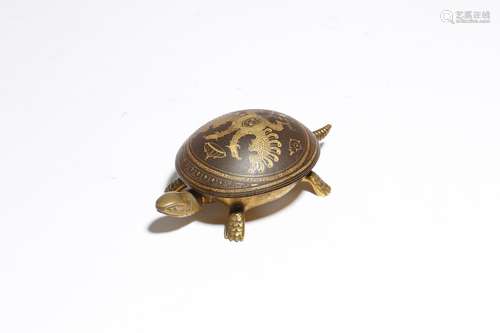 A gilt brass table bell in the form of a turtle, the iron carapace with Spanish damascened